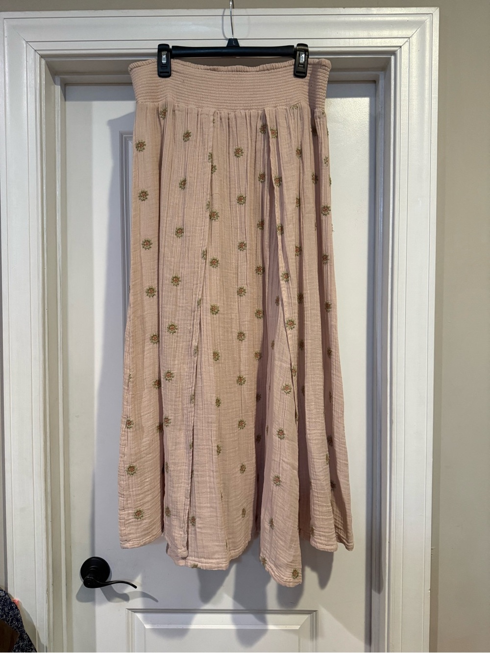 Free People Blush Pink Maxi Skirt with Green/Pink Embroidery